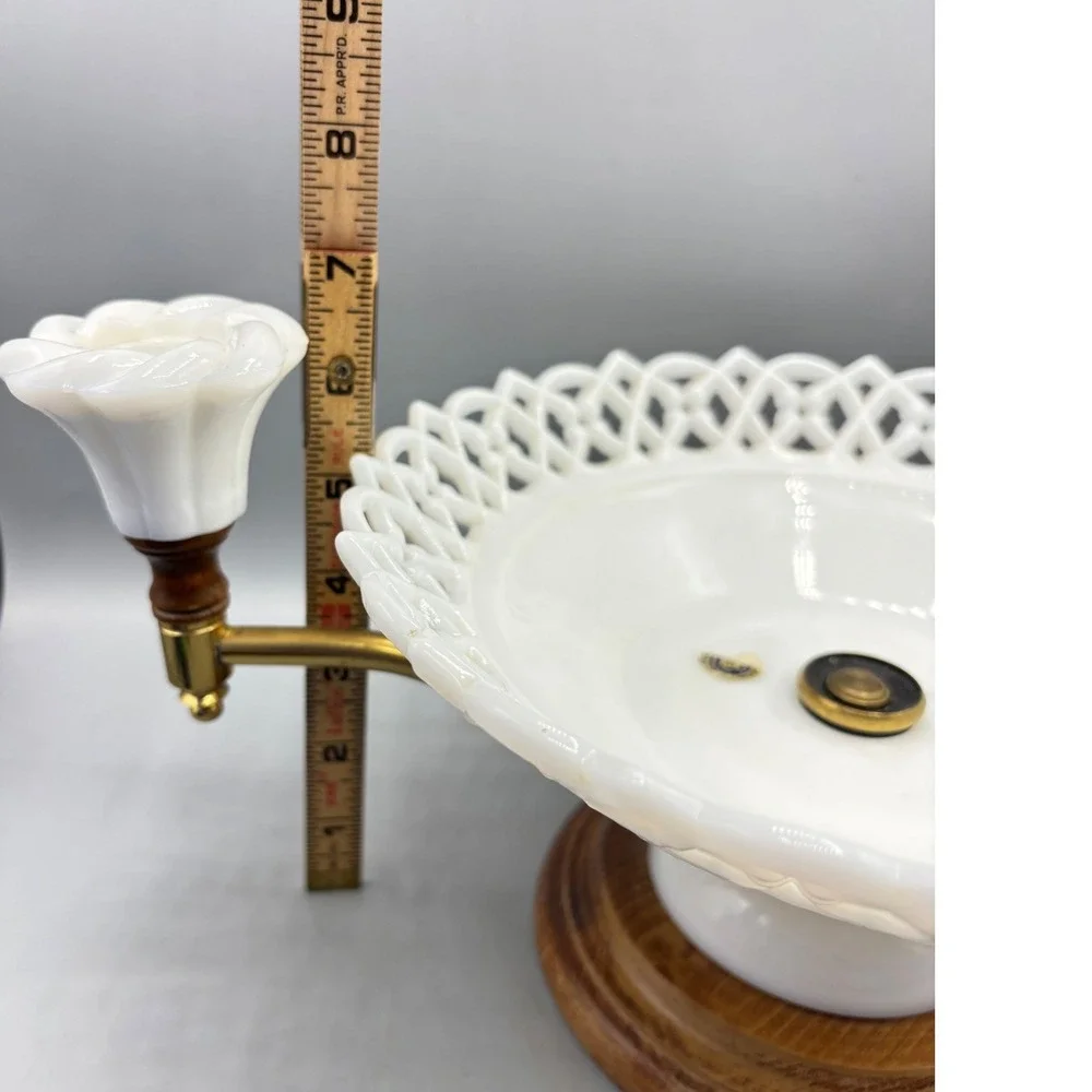 Vtg Westmoreland Milk Glass‎ Centerpiece Lace Edge Bowl Candle Holders Wood Base